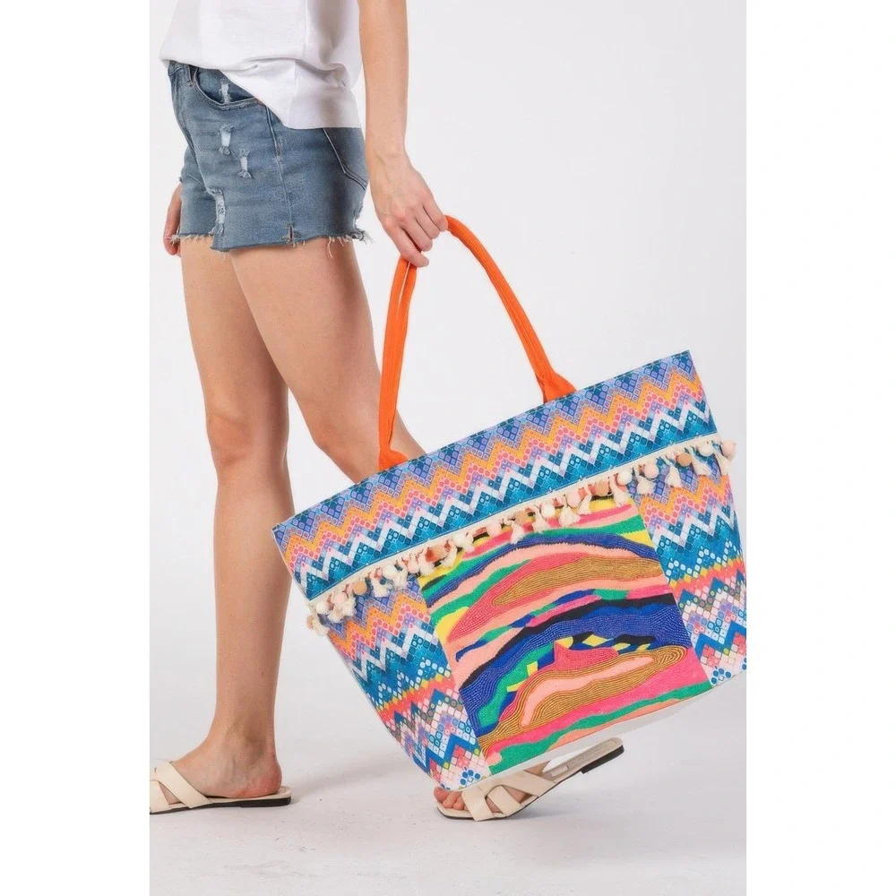 Tote Bag Women OS Multicolor New Beaded‎ Tassel Pom Pom Boho Beach Bag